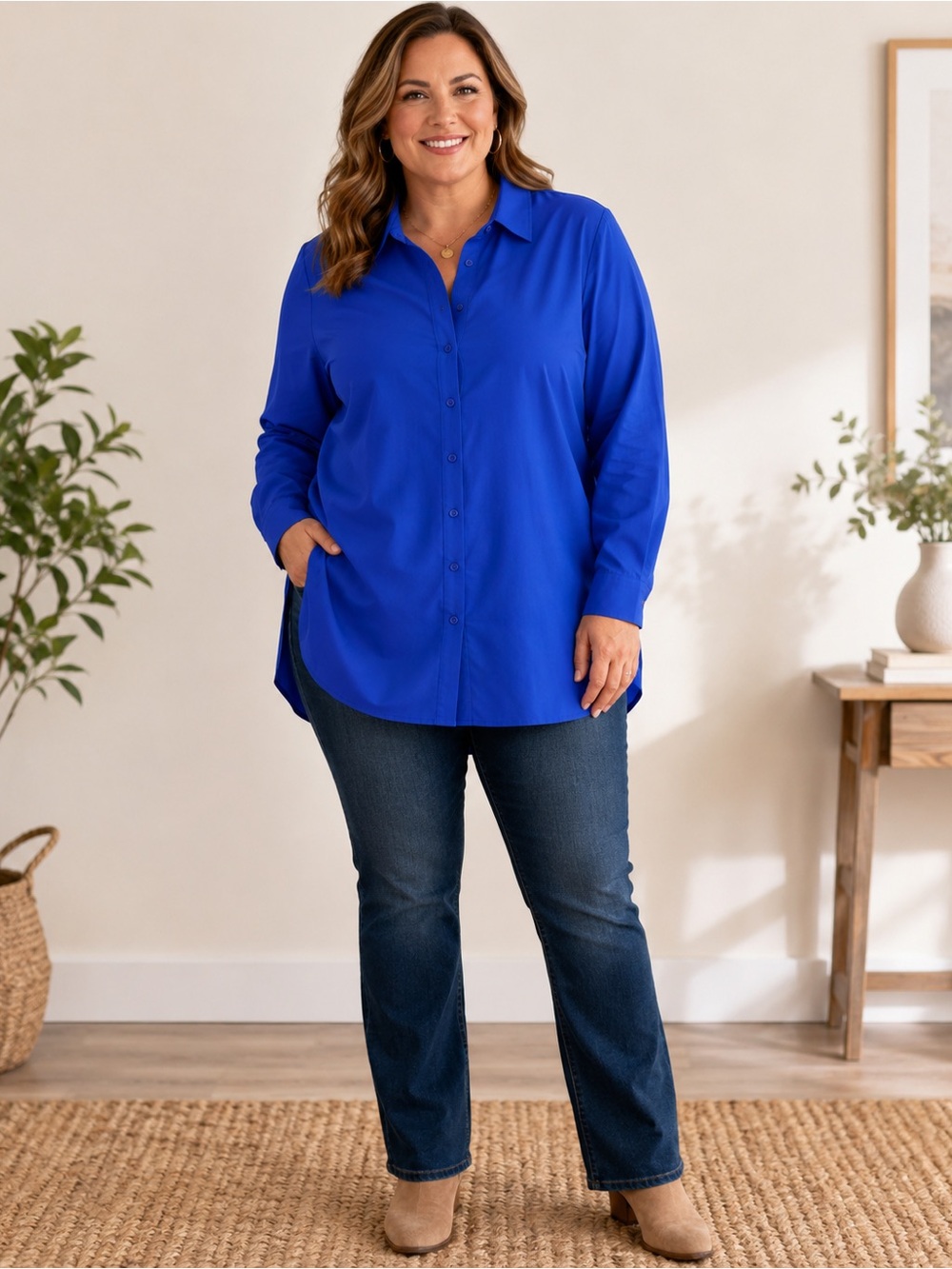Roaman's Womens Top Blouse Button Up Front Long Sleeves Blue Size 24W